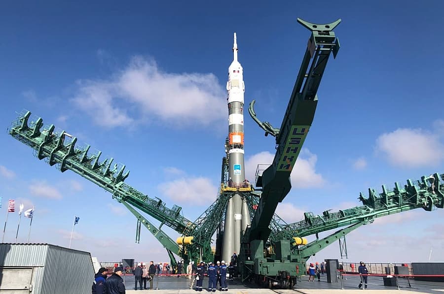 The Soyuz launch vehicle with Oleg Kononenko on board is preparing for launch at the Baikonur Cosmodrome