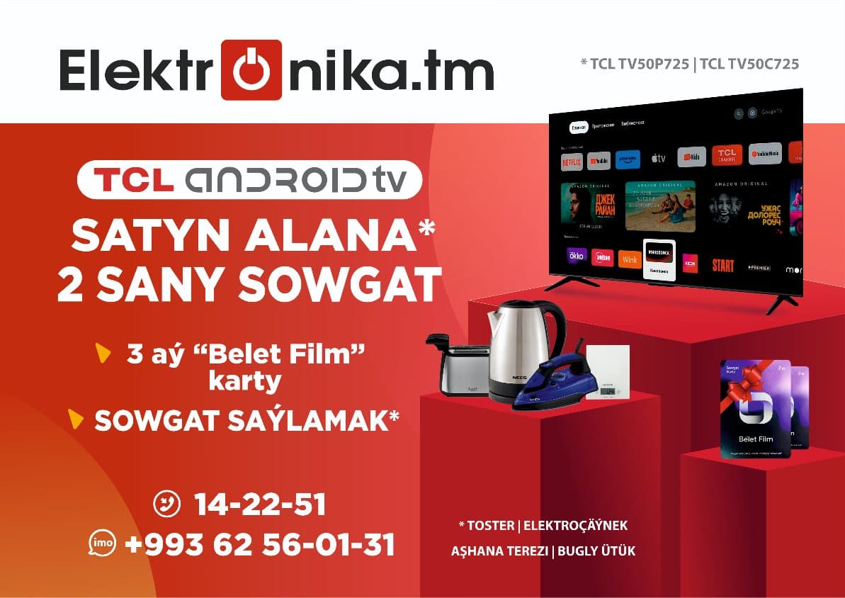Elektronika.tm onlaýn dükanynda dioganaly 50dýuým bolan TCL UHD 4K TV we TCL QLED TV telewizorlaryny satyn alan müşderilere 2 sany sowgat berilýär. 1-nji sowgat üç aý belet kart, 2-nji sowgady hödürlenýän harytlardan (ütük, toster, çäýnek, aşhana terezi) müşderiniň özi saýlaýar.