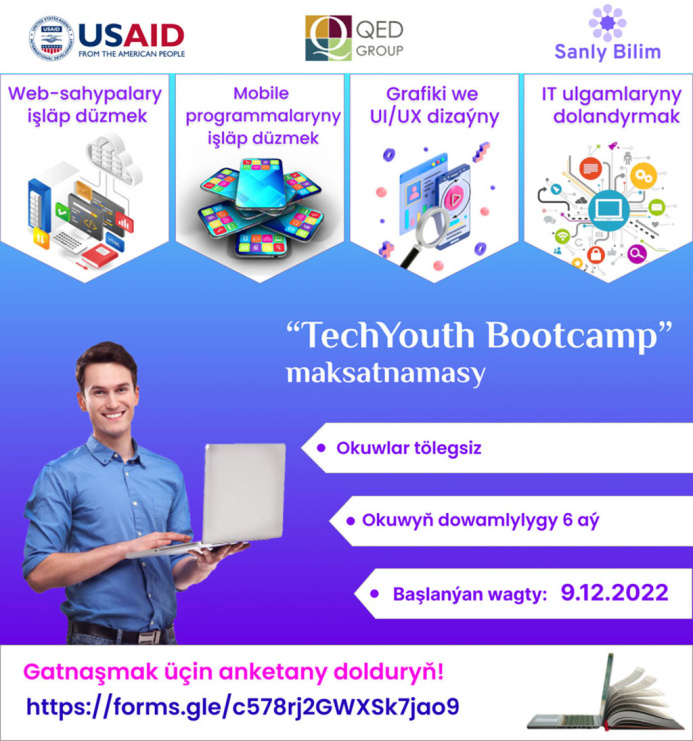  USAID-iň Häzirki zaman hünärleri ösdürmek taslamasy “Sanly Bilim” kompaniýasy bilen bilelikde “TechYouth Bootcamp” maksatnamasynyň amala aşyrýandygy barada habar berýär